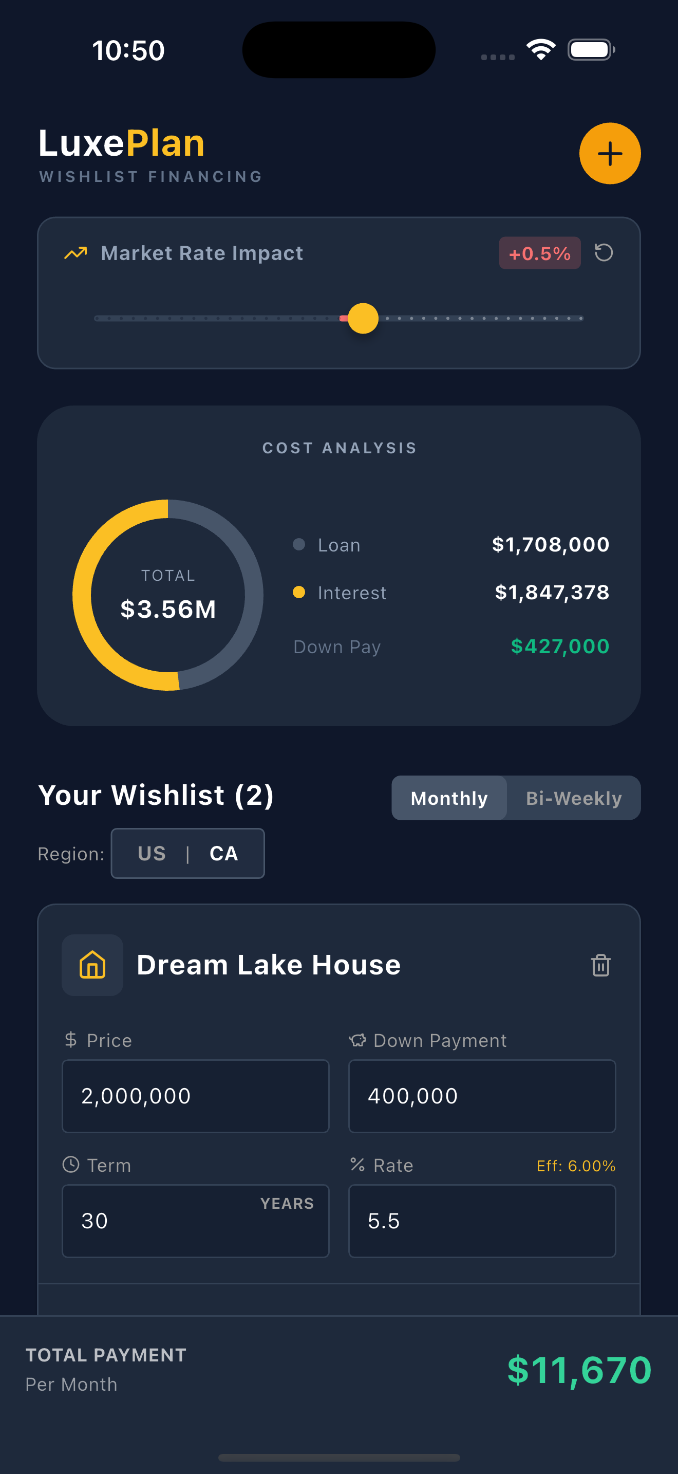 LuxePlan rate slider screen